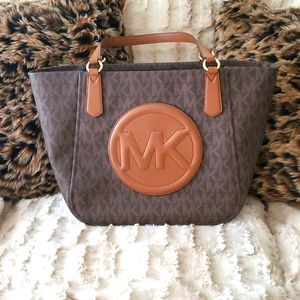 AUTHENTIC MICHAEL KORS BIG BROWN SIGNATURE MK WITH LEATHER EMBROIDERED MK TOTE